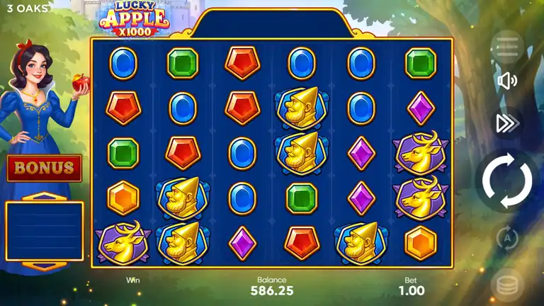 Lucky Apple x1000 spin 834 checkpoint - balance $585.25 at bet $1.00, midpoint