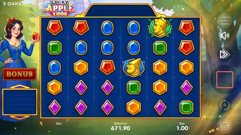 Lucky Apple x1000 near session end - balance $671.90 at bet $1.00, one spin before the $670.90 close