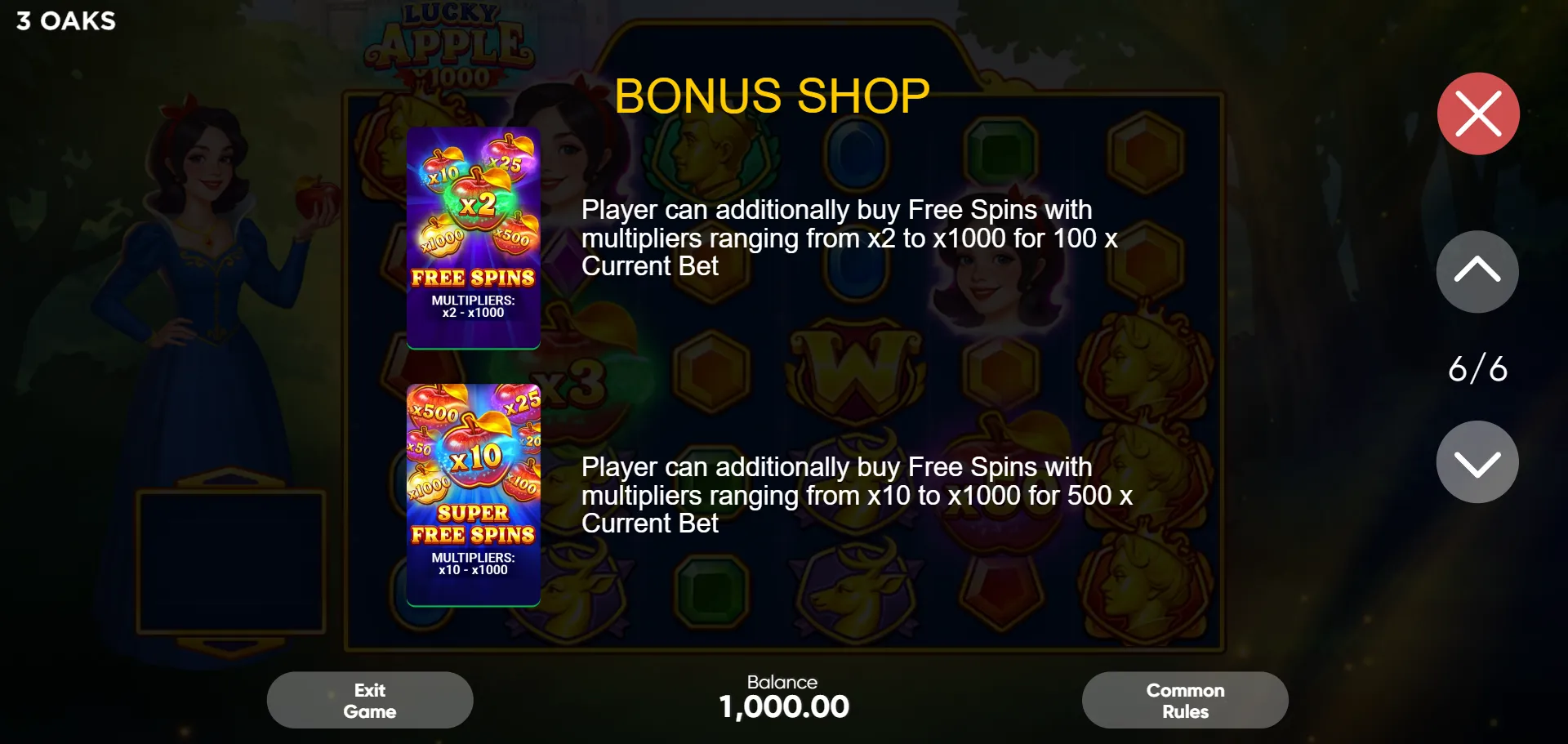 BONUS SHOP screen showing two purchase options: Free Spins for 100x the current bet and Super Free Spins for 500x, with respective multiplier ranges