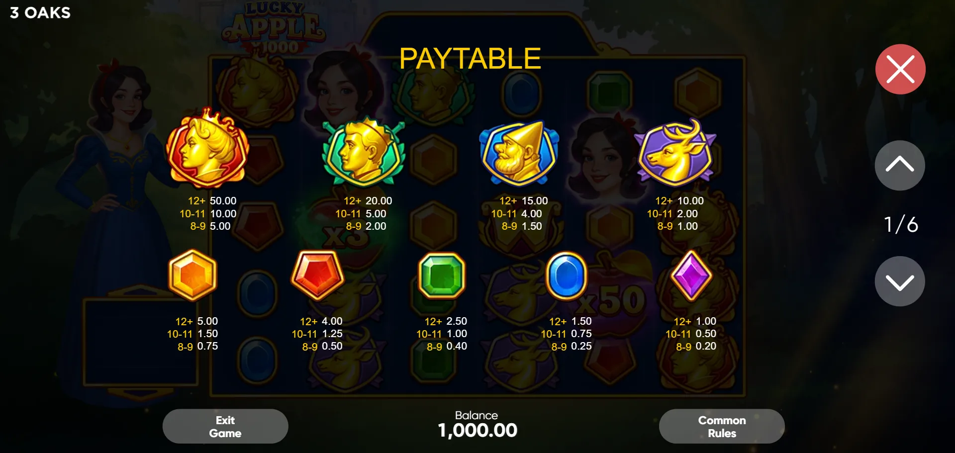PAYTABLE showing all nine Lucky Apple x1000 symbols with payouts at 8-9, 10-11 and 12+ matches; top symbol red queen at 50x for 12 or more